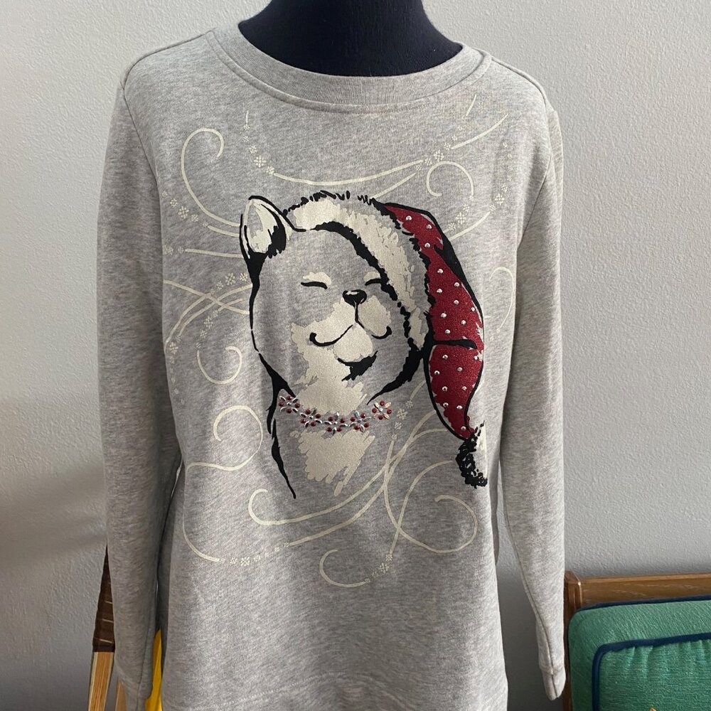 Karen Scott Christmas Cat Sweatshirt with Glitter and Embellishment, Size M